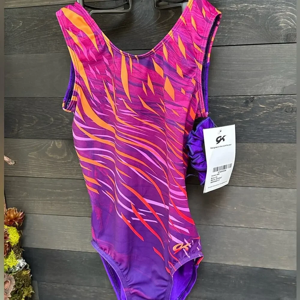 GK ELITE NWT Gymnastics Leotard ROYAL JESTER Show Stopper Purple Orange Child L